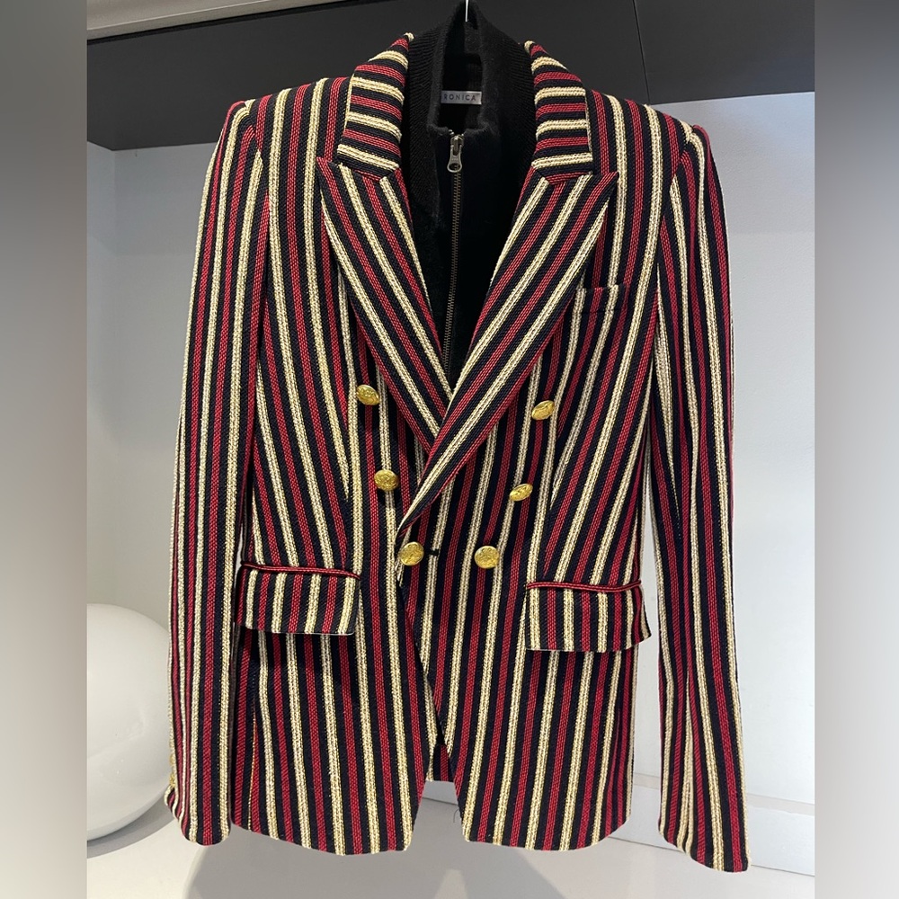 RARE Veronica Beard Black Red White Striped Miller Dickey Jacket gold buttons 6